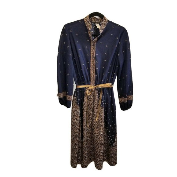 Vintage Secretary Midi Dress Sheer Blue Leaf Print - Picture 1 of 10